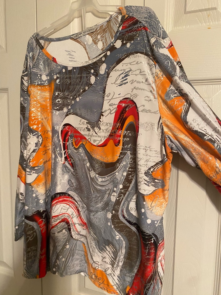 Peter Nygrd Blue, Grey, Orange Artsy Abstract Print Top Size Large